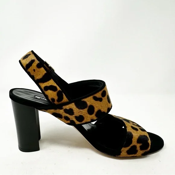 Manolo Blahnik Leopard Calf Hair Block Heel Sandals Size 37 US 7